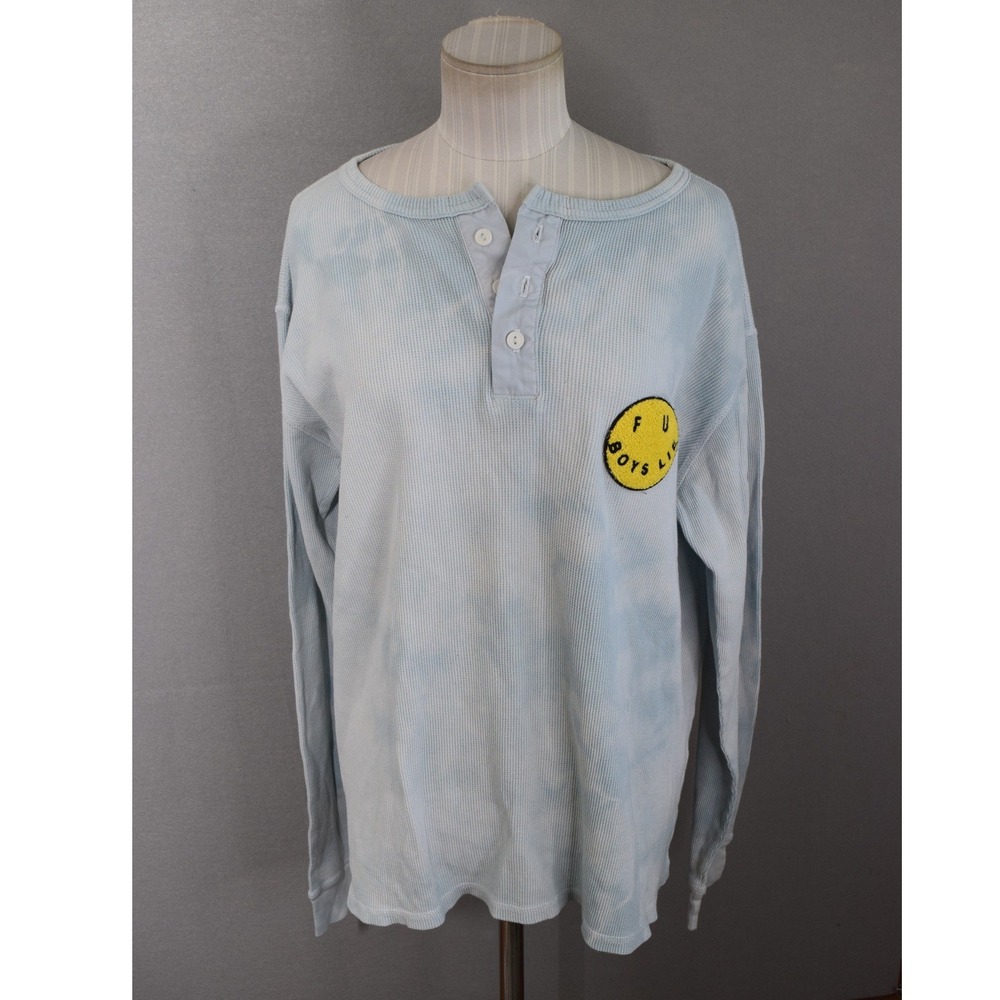Boys Lie Henley One Size Blue Tie Dye Waffle Knit Smiley Face Women Streetwear